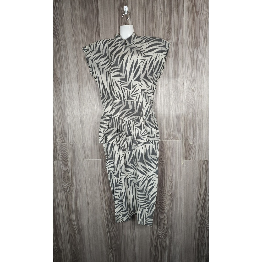 Vintage Pea Patch New York Palm‎ Print Peplum Midi Dress Grey White Size 9/10